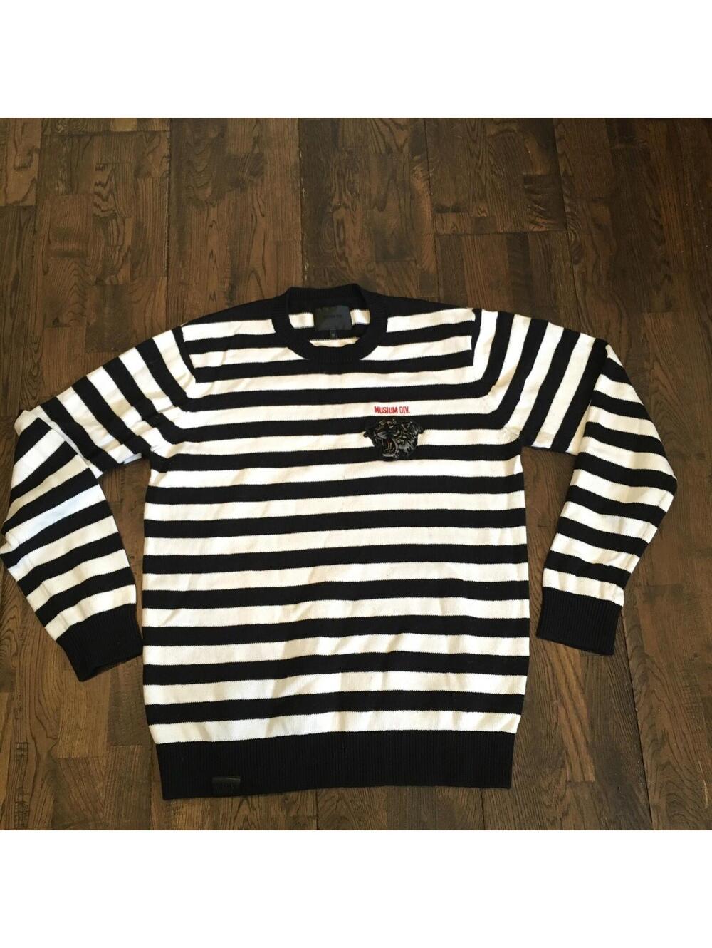 Musium Div London Black White Stripe Knit Sweater Men’s EU 50 L Modern Streetwea